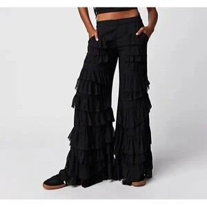 Free People Rock And Frill Pants Ruffle Tiered Smocked Mid-Rise Black L 286412